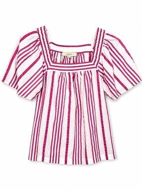 LOFT Pink & White Striped Square Neck Puff Sleeve Blouse | XS